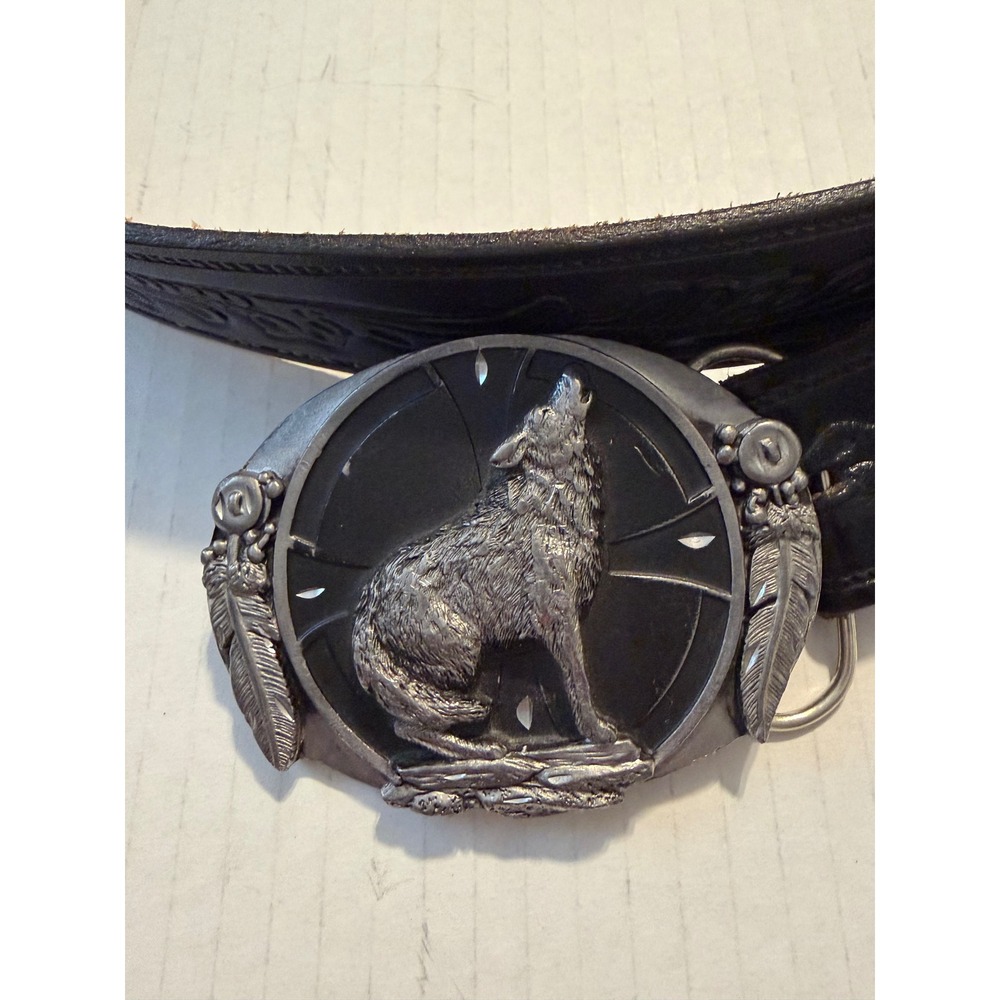 Vintage Siskiyou Howling Wolf Belt Buckle Dickies Leather Belt 40 Made in USA
